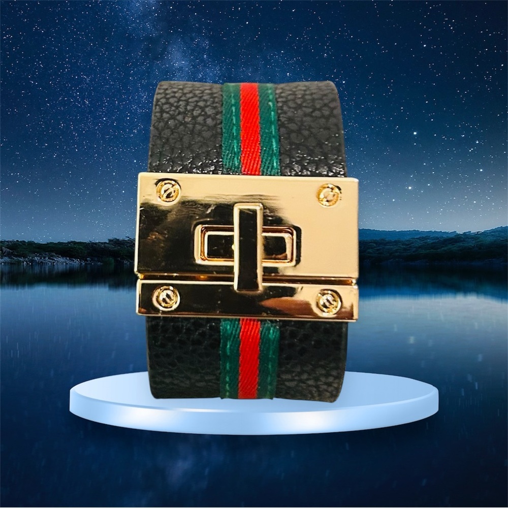 Black Leather cuff Set with green and red strip and gold closure